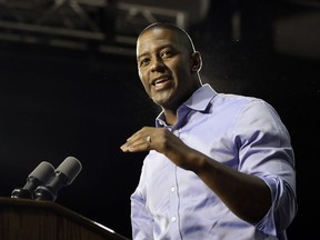 FILE - In this Friday, Nov. 2, 2018 file photo, Democratic gubernatorial candidate Andrew Gillum speaks during a campaign rally, in Miami. Former Florida gubernatorial candidate Gillum faces an administrative hearing Wednesday, April 24, 2019, over allegations he improperly accepted gifts from lobbyists.