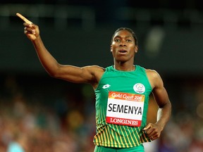 Caster Semenya of South Africa celebrates wins gold in the Women's 800 metres final during athletics on day nine of the Gold Coast 2018 Commonwealth Games at Carrara Stadium on April 13, 2018 on the Gold Coast, Australia.