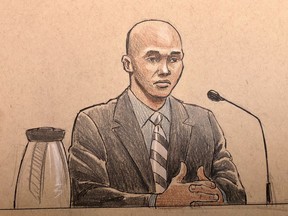 This courtroom sketch depicts former Minneapolis police officer Mohamed Noor, on the witness stand Thursday, April 25, 2019, in Minneapolis, Minn., during his trial in the fatally shooting of an unarmed Australian woman, Justine Ruszczyk Damond, in July 2017 after she called 911 to report a possible sexual assault behind her home. Noor testified Thursday about his training for possible ambushes, saying he learned that reacting too late "means ... you die."