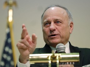 FILE - In this Jan. 26, 2019 file photo, Rep. Steve King, R-Iowa, speaks during a town hall meeting, in Primghar, Iowa. King says the criticism he has faced from fellow members of Congress over his offensive remarks gives him "better insight" into what Jesus Christ experienced when he was persecuted for his beliefs. King was attending a town hall meeting Tuesday, April 23 in his home district in northeast Iowa when someone attending voiced concern about Christianity being persecuted in the U.S. King answered by drawing a comparison to facing his "accusers" on the House floor.