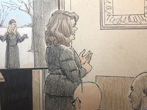 This courtroom sketch depicts prosecutor Amy Sweasy, center, speaking during closing arguments in the trial of former Minneapolis police officer Mohamed Noor, Monday, April 29, 2019 in Minneapolis.