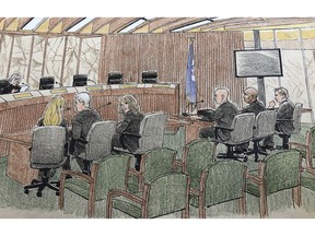 This courtroom sketch depicts jury selection Monday, April 1, 2019, in Minneapolis in the trial of former Minneapolis police officer Mohamed Noor, second from right, who fatally shot an unarmed Australian woman after she called 911 to report a possible sexual assault behind her home. Noor is charged in the July 2017 death of Justine Ruszczyk Damond in a case that drew international attention, cost the police chief her job and forced major revisions to the Police Department's policy on body cameras.