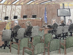 This courtroom sketch depicts jury selection Monday, April 1, 2019, in Minneapolis in the trial of former Minneapolis police officer Mohamed Noor, second from right, who fatally shot an unarmed Australian woman after she called 911 to report a possible sexual assault behind her home. Noor is charged in the July 2017 death of Justine Ruszczyk Damond in a case that drew international attention, cost the police chief her job and forced major revisions to the Police Department's policy on body cameras.