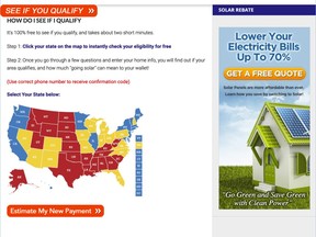 This screenshot shows a website re-directed from ads promising big state tax incentives placed on Facebook. Hundreds of ads running on Facebook for more than a year promised that governors across the country had signed off on big tax breaks for U.S. homeowners who wanted to install new solar energy panels. But the tax incentives didn't exist. (Solar Rebate via AP)
