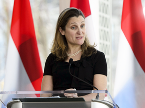 Foreign Affairs Minister Chrystia Freeland speaks to reporters in Ottawa on April 3, 2019.