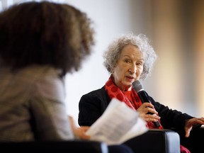 Canadian author Margaret Atwood speaks to moderator Nam Kiwanuka during a fireside chat alongside Twitter chief executive officer Jack Dorsey, as the pair speak to an audience in Toronto, April 2, 2019. Atwood is calling on Iranian authorities to release imprisoned human rights lawyer Nasrin Sotoudeh.