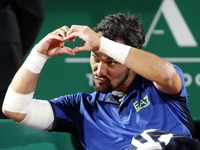 Italy's Fabio Fognini celebrates after defeating Croatia's Borna Coric during their quarterfinal match of the Monte Carlo Tennis Masters tournament in Monaco, Friday, April, 19, 2019.