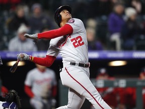 Washington Nationals' Juan Soto fouls out against the Colorado Rockies in the third inning of a baseball game Monday, April 22, 2019, in Denver.