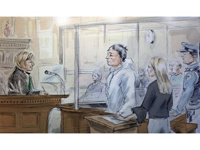 Duncan O'Neil Sinclair, centre, listens as Justice Ruth Kerbel, left, speaks in this artist's sketch from court in Toronto on Saturday, April 13, 2019. A 19-year-old man has been charged with first-degree murder in a stabbing in the city's underground PATH network. Police say Duncan Sinclair was arrested by provincial police in the Midland, Ont., area on Friday.