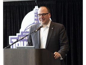 Anthony LeBlanc, Founding Partner, Schooners Sports and Entertainment, speaks at a press conference in Moncton, N.B., on Friday, March 29, 2019. The federal Crown corporation that owns the land in Halifax where a stadium could be built for a proposed CFL franchise confirmed today that more public consultations will be held.