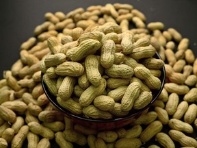 An arrangement of peanuts in New York is shown in a Feb.20, 2015 photo. A new study suggests preschoolers who are allergic to peanuts can be treated safely by eating small amounts of peanut protein with guidance from a specialist.