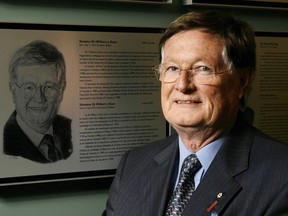Dr. Wilbert Keon poses with his induction panel at The Canadian Medical Hall of Fame in London, Ont., Tuesday, October 2, 2007. Keon, a world-renowned pioneer of heart surgery and a former senator, has died.