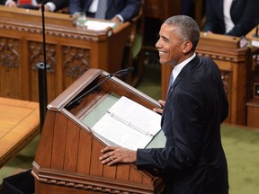 U.S. President Barack Obama addresses the Canadian Parliament in the House of Commons in Ottawa on Wednesday, June 29, 2016. Obama is set to visit the nation's capital next month for a question and answer session.