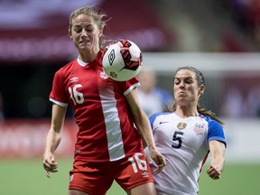 Canada's Janine Beckie, left, and United States' Kelley O'Hara vie for the ball during second half women's friendly soccer action in Vancouver on Thursday, November 9, 2017. Beckie will see plenty of familiar faces when she lines up for Canada against England in an international soccer friendly Friday in Manchester.