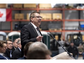 Saskatchewan Premier Scott Moe speaks at IJACK Technologies Inc. near Moosomin, Sask., on Saturday February 16, 2019. Saskatchewan Premier Scott Moe says government members will be choosing their words more carefully after one of his health ministers spoke to an anti-abortion group.