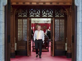 Senator Peter Harder, Government Representative in the Senate, leaves the Senate Chamber in Ottawa on June 19, 2018. A logjam of bills in the Senate has boiled over into an open dispute, triggered by a government move to impose deadlines on 11 bills to ensure they pass before Parliament rises in June. Sen. Peter Harder, government's representative in the Senate, has tabled notice of a motion that would set specific timelines for debates and votes on 11 pieces of legislation. The motion has not yet been officially moved.