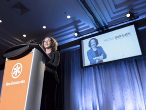 NDP MLA Nicole Sarauer speaks during the Saskatchewan New Democrats leadership convention at the Delta Hotel in Regina, Saskatchewan on Saturday March 3, 2018. Saskatchewan has changed the rules so provincial MLAs can take maternity or paternity leave and bring a baby into the legislative assembly.