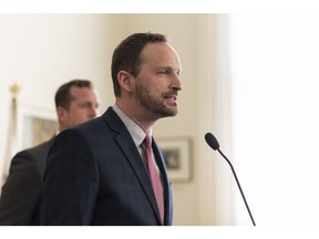 Opposition NDP Leader Ryan Meili speaks during a morning press conference at the legislature in Regina on March 20, 2019. The Saskatchewan NDP is calling on Premier Scott Moe's government to introduce legislation that would protect students' abilities to form gay-straight alliances. Opposition leader Ryan Meili cited the campaign promise United Conservative leader Jason Kenney made in Alberta's provincial election to remove the privacy protection for students participating in a GSA club.