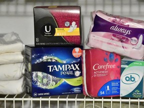 Various menstrual products are seen, Wednesday, Feb. 20, 2019, in Kennesaw, Ga. Free menstrual products are being made available in every British Columbia public school. Education Minister Rob Fleming says a ministerial ordered requires all public schools to provide free menstrual products for students in washrooms by the end of the year.