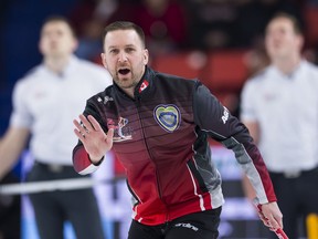 Team Canada skip Brad Gushue calls his shot during the Page Playoff 3 vs 4 draw against team wild-card at the Brier in Brandon, Man., on March, 9, 2019. Veteran skip Brad Gushue said recent talks with Curling Canada about a variety of player issues have been going well and he's hopeful that progress can be made by the summer. Cresting concerns and pay equity at the national championships are the two biggest issues for elite curlers at the moment, Gushue said. The St. John's, N.L., skip helped spearhead an informal group of top curlers to address concerns with the national federation.