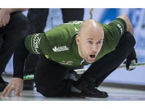 Team Northern Ontario third Ryan Fry calls a shot during the first draw against team wildcard at the Brier in Brandon, Man., on March 2, 2019. Curling seems "easy again" for Ryan Fry. The veteran third is capping a seven-year run with Team Brad Jacobs at two Grand Slams this month before he joins Team John Epping.