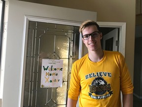 Humboldt Broncos hockey player Xavier LaBelle is shown in a handout photo after being released from hospital. The 13 survivors of the Humboldt Broncos bus crash are still dealing with injuries ranging from paralysis and back pain to brain damage and mental health issues. THE CANADIAN PRESS/HO