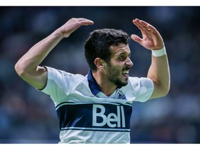 Vancouver Whitecaps' Felipe Martins (8) reacts after a play against the Seattle Sounders during the second half MLS soccer action in Vancouver on Saturday March 30, 2019. Martins says the Vancouver Whitecaps' poor start won't necessarily define their season.