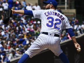 Chicago Cubs starting pitcher Tyler Chatwood (32) delivers during the first inning of a baseball game against the Arizona Diamondbacks Sunday, April 21, 2019, in Chicago.