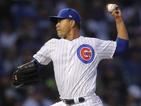 Chicago Cubs' Jose Quintana pitches against the Los Angeles Dodgers during the second inning of a baseball game Tuesday, April 23, 2019, in Chicago.