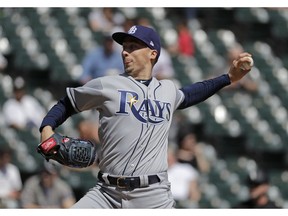 Tampa Bay Rays starting pitcher Blake Snell throws against the Chicago White Sox during the first inning of a baseball game in Chicago, Monday, April 8, 2019.