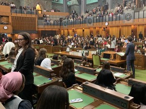 Prime Minister Justin Trudeau speaks to the Daughters of the Vote in the House of Commons on April 3, 2019. Nearly 50 of the young women attending turned their backs on him.