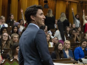 Prime Minister Justin Trudeau looks to the audience for a question following his speech to Daughters of the Vote in the House of Commons on Parliament Hill in Ottawa, Wednesday April 3, 2019.