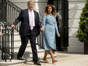 President Donald Trump and first lady Melania Trump arrive for the annual White House Easter Egg Roll on the South Lawn of the White House, Monday, April 22, 2019, in Washington.