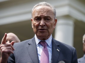 Senate Minority Leader Sen. Chuck Schumer of N.Y., speaks with reporters after meeting with President Donald Trump about infrastructure, at the White House, Tuesday, April 30, 2019, in Washington.
