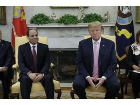 President Donald Trump meets with Egyptian President Abdel Fattah el-Sisi in the Oval Office of the White House, Tuesday, April 9, 2019, in Washington.