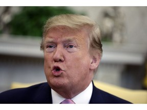 President Donald Trump speaks while meeting with Egyptian President Abdel Fattah el-Sisi in the Oval Office of the White House, Tuesday, April 9, 2019, in Washington.