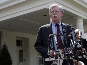 National security adviser John Bolton speaks about Venezuela outside the West Wing of the White House, Tuesday, April 30, 2019, in Washington.