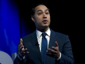 Former Housing and Urban Development Secretary and Democratic presidential candidate Julian Castro speaks during the We the People Membership Summit, featuring the 2020 Democratic presidential candidates, at the Warner Theater, in Washington, Monday, April 1, 2019.