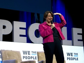 Democratic presidential candidate Sen. Amy Klobuchar, D-Minn., speaks during the We the People Membership Summit, featuring the 2020 Democratic presidential candidates, at the Warner Theatre, in Washington, Monday, April 1, 2019.