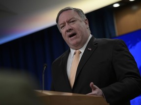 Secretary of State Mike Pompeo speaks during a news conference on Monday, April 22, 2019, at the Department of State in Washington. The Trump administration on Monday told five nations -- Japan, South Korea, Turkey, China and India -- that they will no longer be exempt from U.S. sanctions if they continue to import oil from Iran.