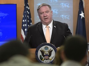 Secretary of State Mike Pompeo speaks during a news conference on Monday, April 22, 2019, at the Department of State in Washington.