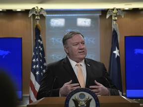 Secretary of State Mike Pompeo speaks during a news conference on Monday, April 22, 2019, at the Department of State in Washington.