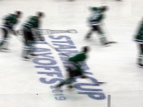 Dallas Stars warm up for Game 4 against the Nashville Predators in an NHL hockey first-round playoff series in Dallas, Wednesday, April 17, 2019.