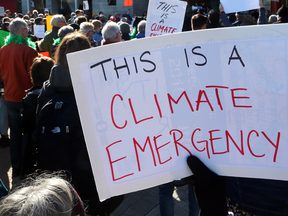 Ottawa residents rally outside Ottawa City Hall to demonstrate support for a motion to declare a climate emergency, April 16, 2019.