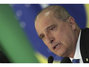Chief of Staff Onyx Lorenzoni speaks during a press conference regarding a potential truckers' strike, at the Planalto Presidential Palace, in Brasilia, Brazil, Tuesday, April 16, 2019. The government of Brazilian President Jair Bolsonaro has announced a financial package aimed at staving off a potential truckers' strike.