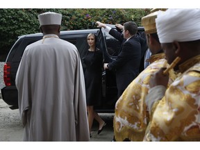 White House senior adviser Ivanka Trump, center, arrives for a ceremony at Holy Trinity Cathedral honoring the victims of the Ethiopia Airlines crash, Monday April 15, 2019, in Addis Ababa, Ethiopia.