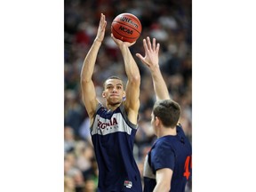 Virginia's Francesco Badocchi shoots during a practice session for the semifinals of the Final Four NCAA college basketball tournament, Friday, April 5, 2019, in Minneapolis.