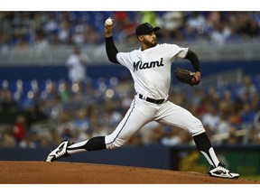 Miami Marlins starting pitcher Pablo Lopez delivers during the first inning of a baseball game against the Chicago Cubs on Tuesday, April 16, 2019, in Miami.