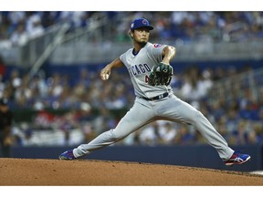 Chicago Cubs starting pitcher Yu Darvish delivers during the first inning of a baseball game against the Miami Marlins, Monday, April 15, 2019, in Miami.