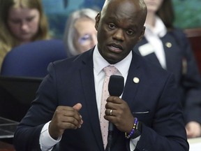 Rep. Kionne McGhee, D-Miami, debates the felon voting rights bill during session Wednesday April 24, 2019, in Tallahassee, Fla.